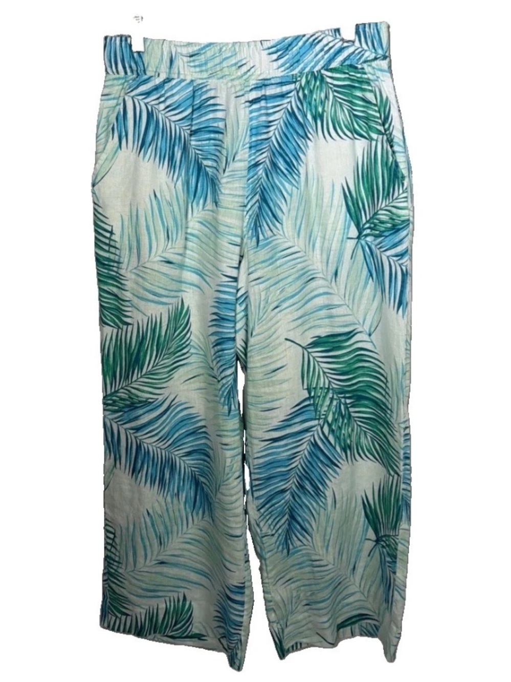 Tahari Linen Blend Tropical Palm Leaf Wide Leg Cropped Pants